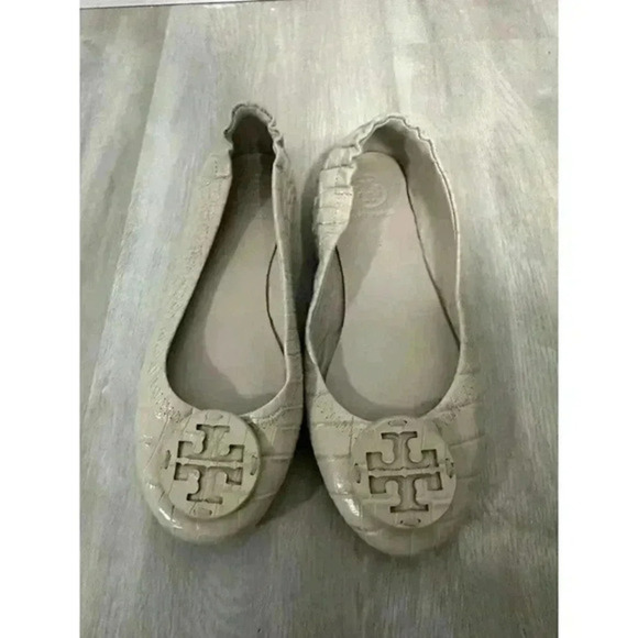 Tory Burch Women Jamaica Sand Croc Leather Logo Ballet Flats‎ Size 5 - Picture 1 of 9
